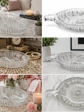SP-07-Vintage Pressed Glass Single Handle Serving Bowl Starburst Pattern Clear D